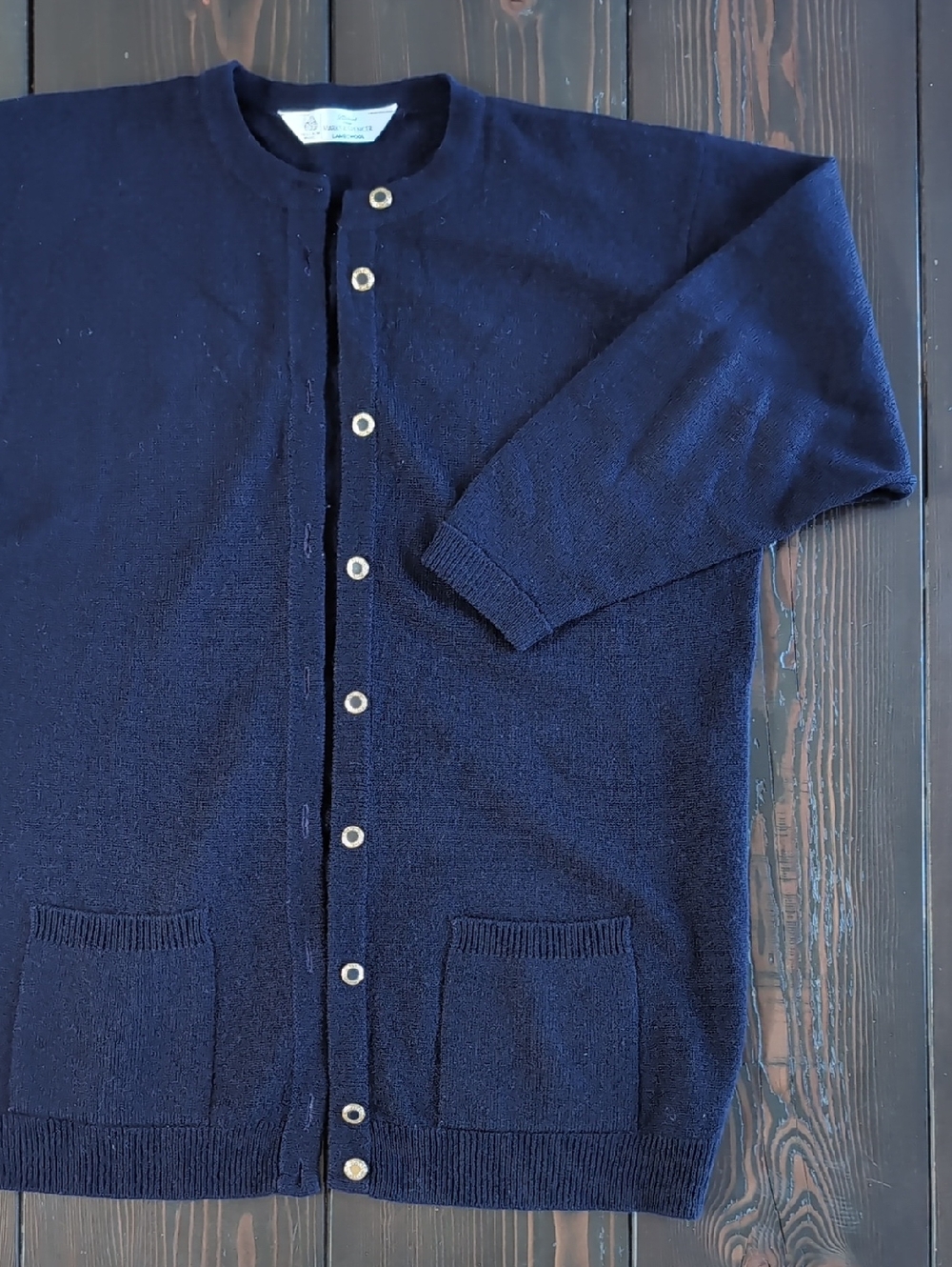 Marks & Spencer Navy Lambswool 3/4 Sleeve Crewneck Cardigan with Gold Button